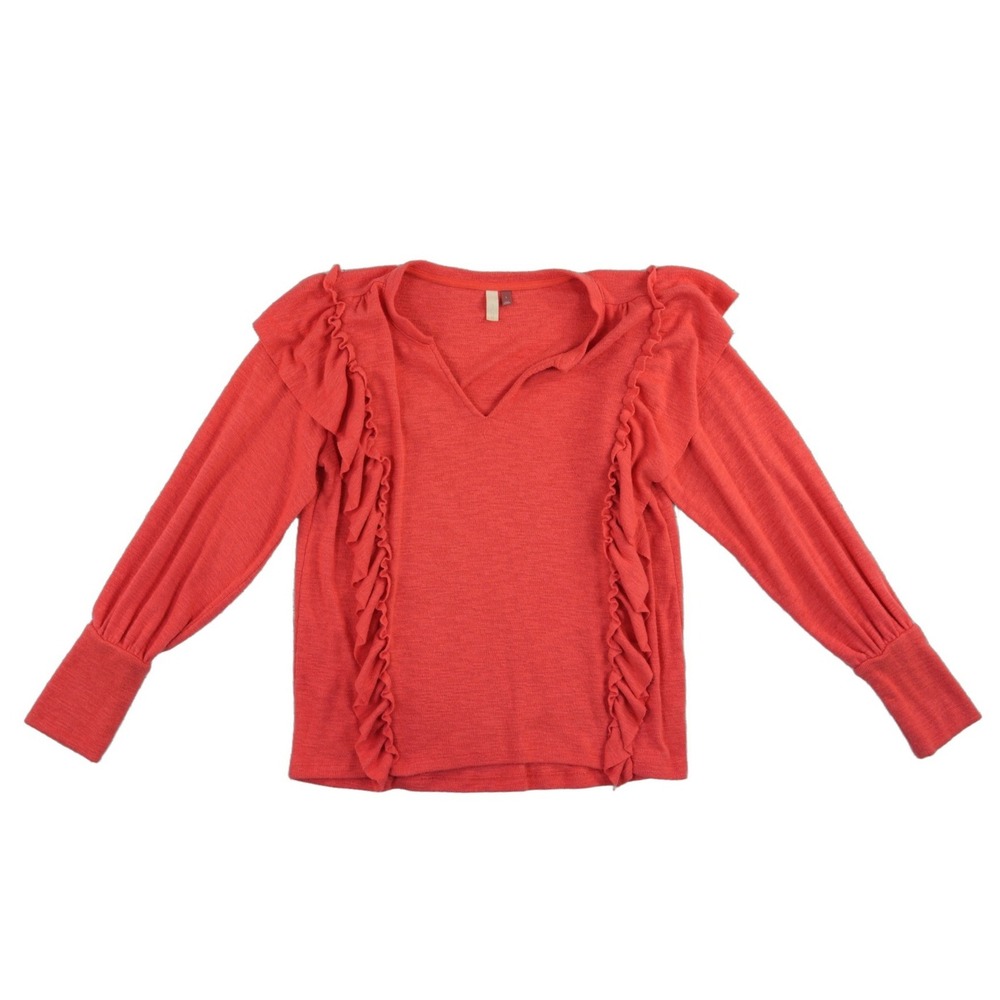 Pilcro Anthropologie V-Neck‎ Top Women's Size Large Coral Red Ruffle Slub Knit